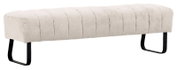 Beige gepolsterte 2,5er-Sitzbank mit schwarzen Metallbeinen, seitliche Perspektive