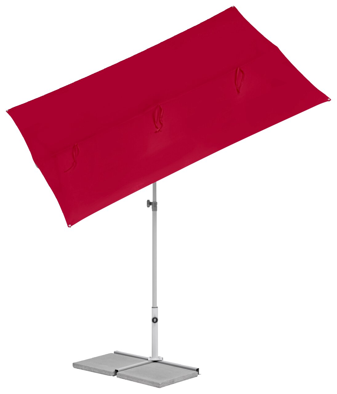 Roter Sonnenschirm mit rechteckigem Schirmdach, seitliche Perspektive