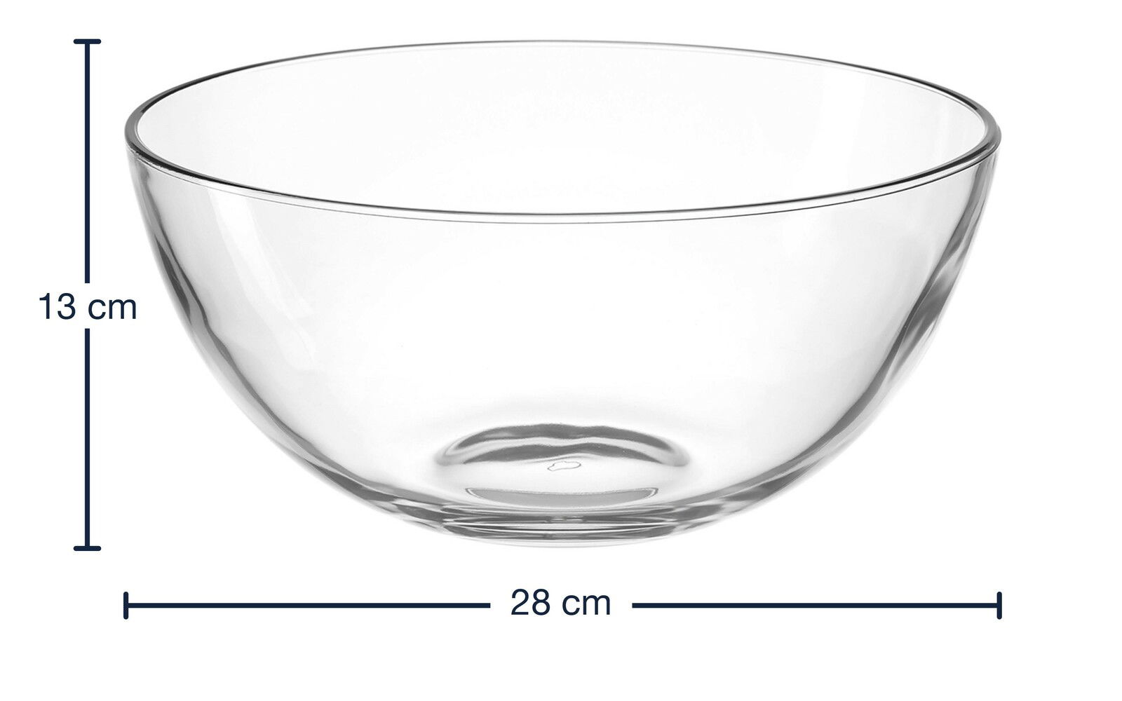 Transparente Glasschale mit einem Durchmesser von 28 cm und einer Höhe von 13 cm, seitliche Perspektive.