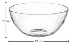 Transparente Glasschale mit einem Durchmesser von 28 cm und einer Höhe von 13 cm, seitliche Perspektive.