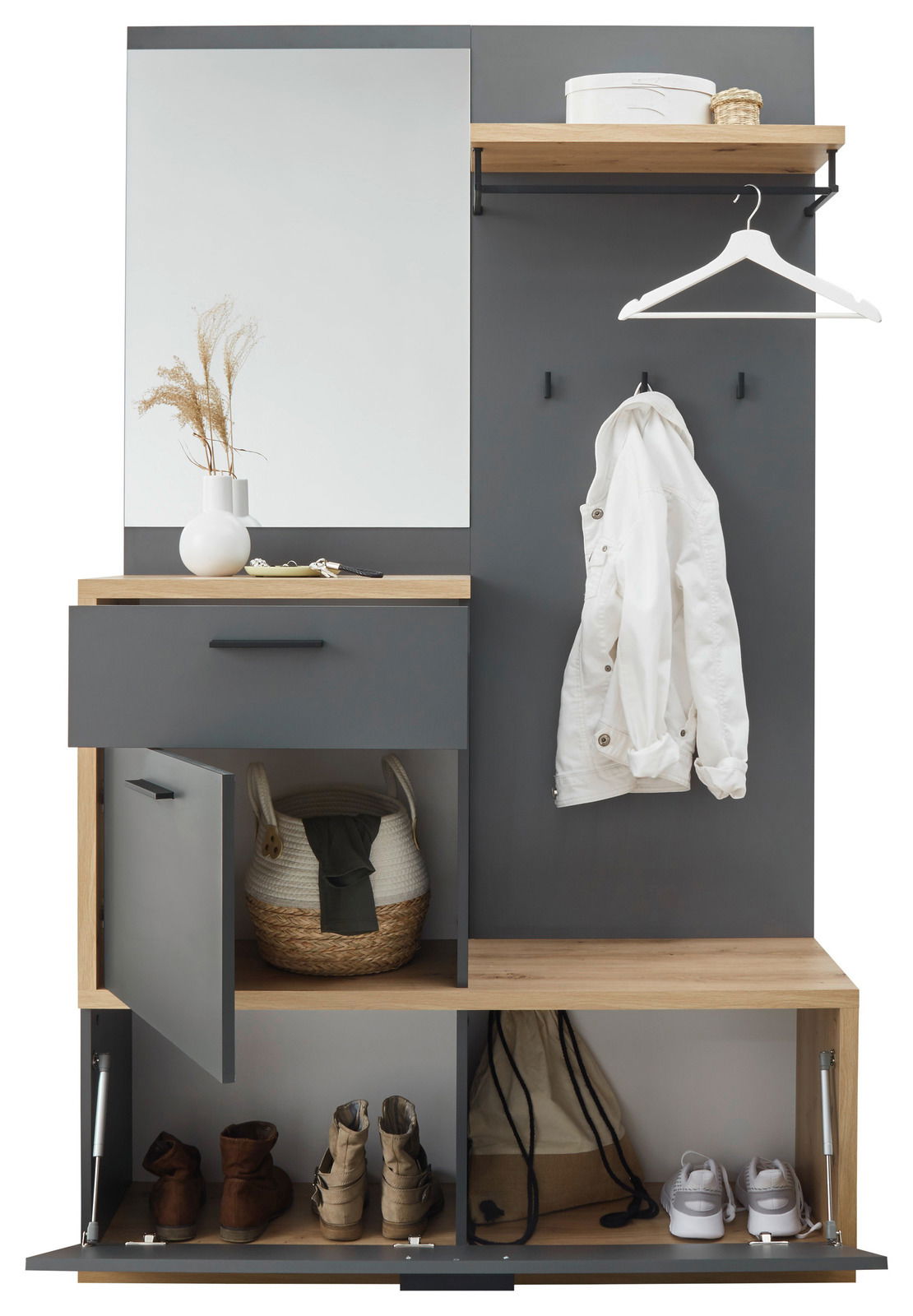 Kompaktgarderobe mit Spiegel, Kleiderhaken, Schublade und Schuhablage, frontal betrachtet