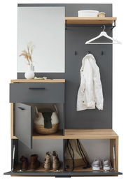 Kompaktgarderobe mit Spiegel, Kleiderhaken, Schublade und Schuhablage, frontal betrachtet