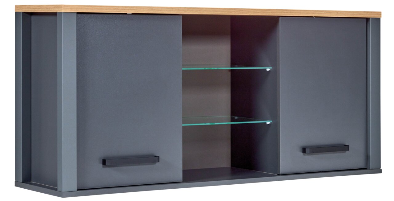 Landscape Hängeschrank SORBA Moderner Hängeschrank mit zwei grauen Türen und Glasregalen, seitliche Perspektive