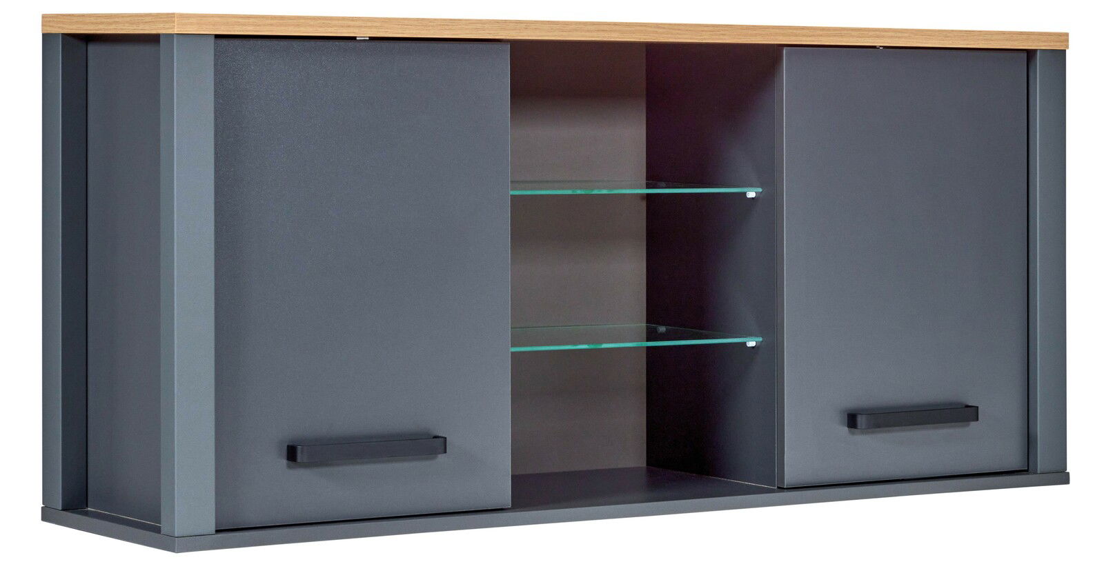 Moderner Hängeschrank mit zwei grauen Türen und Glasregalen, seitliche Perspektive