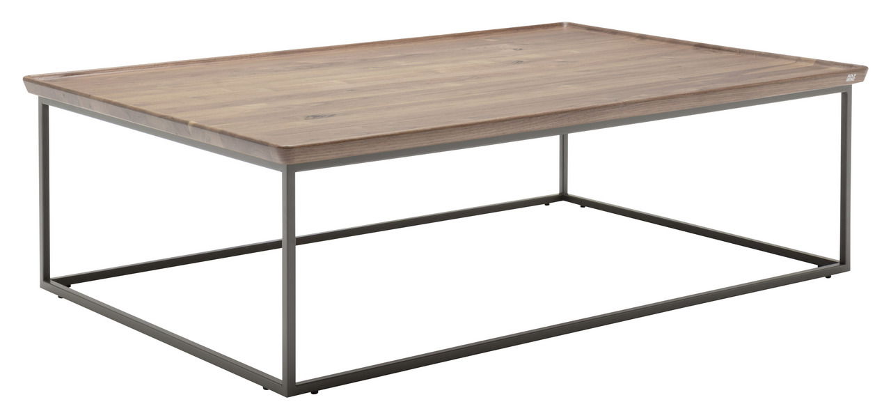 Moderner Couchtisch mit Holzplatte und Metallgestell, seitliche Perspektive