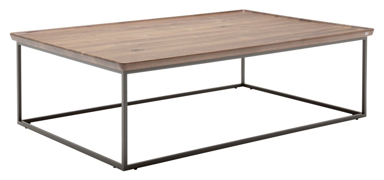 Moderner Couchtisch mit Holzplatte und Metallgestell, seitliche Perspektive