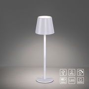 Moderne weiße Akku-Tischleuchte EURIA mit konischem Schirm, frontal abgebildet, ideal für den Innen- und Außenbereich.