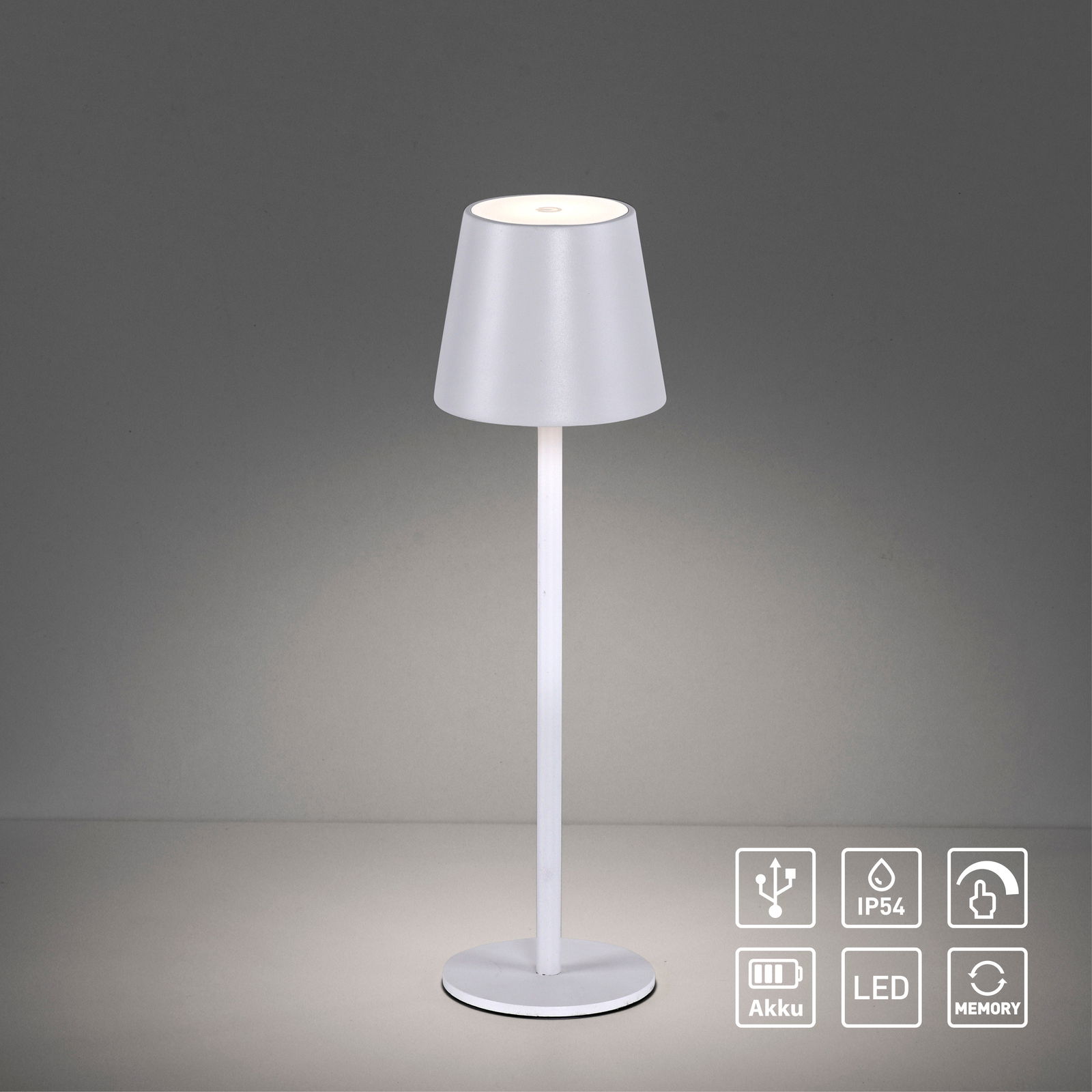 Moderne weiße Akku-Tischleuchte EURIA mit konischem Schirm, frontal abgebildet, ideal für den Innen- und Außenbereich.