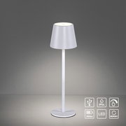 Moderne weiße Akku-Tischleuchte EURIA mit konischem Schirm, frontal abgebildet, ideal für den Innen- und Außenbereich.