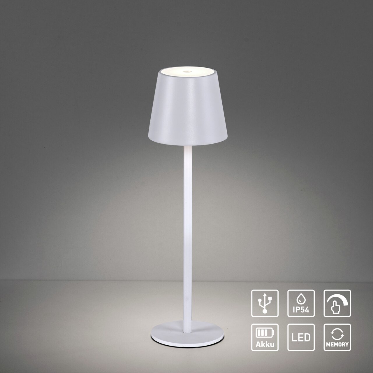 Moderne weiße Akku-Tischleuchte EURIA mit konischem Schirm, frontal abgebildet, ideal für den Innen- und Außenbereich.