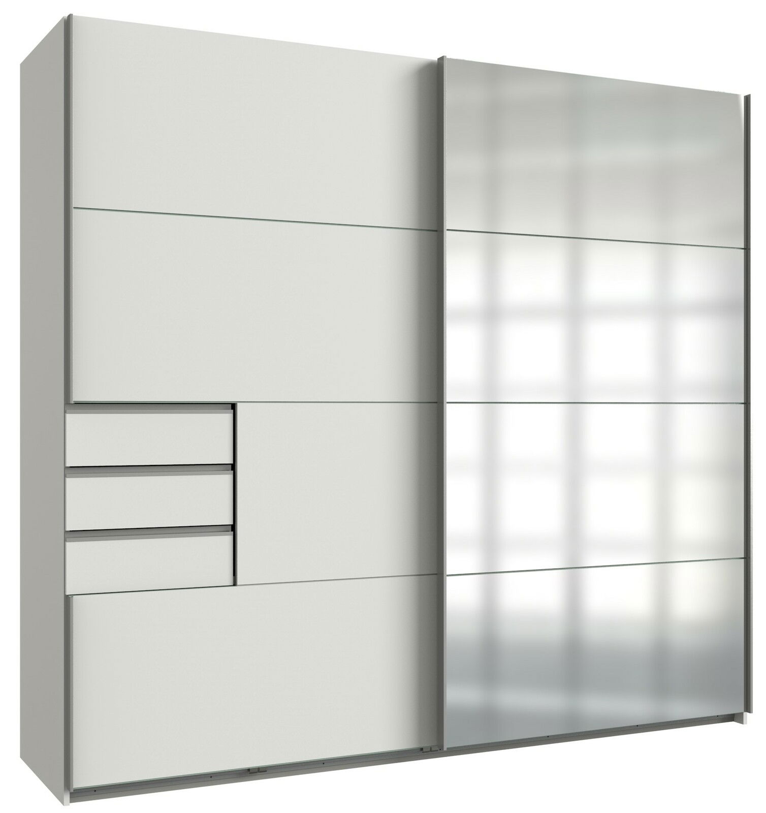 Z2 Schwebetürenschrank 2trg. SAIGON Moderner Schwebetürenschrank mit zwei Türen, linke Tür mit Schubladen und Fächern, rechte Tür mit Spiegel, Frontansicht.