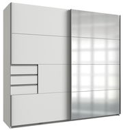Moderner Schwebetürenschrank mit zwei Türen, linke Tür mit Schubladen und Fächern, rechte Tür mit Spiegel, Frontansicht.
