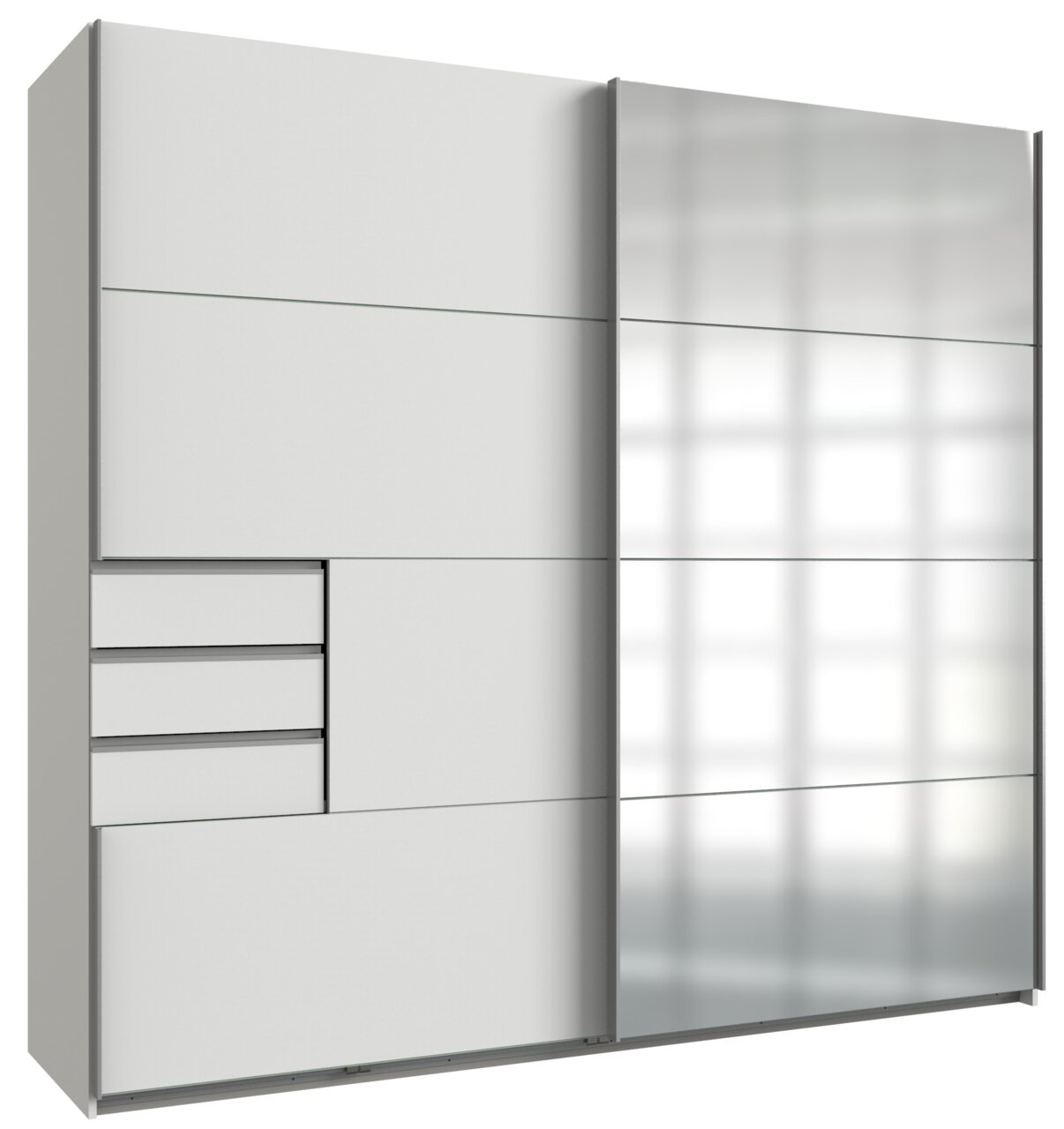 Z2 Schwebetürenschrank 2trg. SAIGON Moderner Schwebetürenschrank mit zwei Türen, linke Tür mit Schubladen und Fächern, rechte Tür mit Spiegel, Frontansicht.