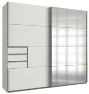 Moderner Schwebetürenschrank mit zwei Türen, linke Tür mit Schubladen und Fächern, rechte Tür mit Spiegel, Frontansicht.