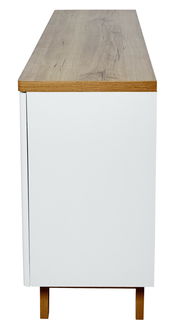 Seitenansicht eines modernen Sideboards mit weißer Oberfläche und Holzdetails.