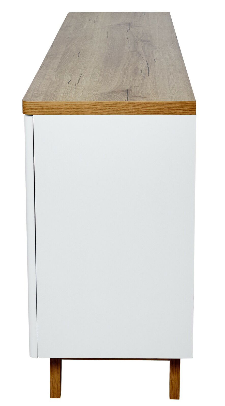 Seitenansicht eines modernen Sideboards mit weißer Oberfläche und Holzdetails.