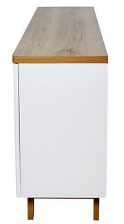 Seitenansicht eines modernen Sideboards mit weißer Oberfläche und Holzdetails.