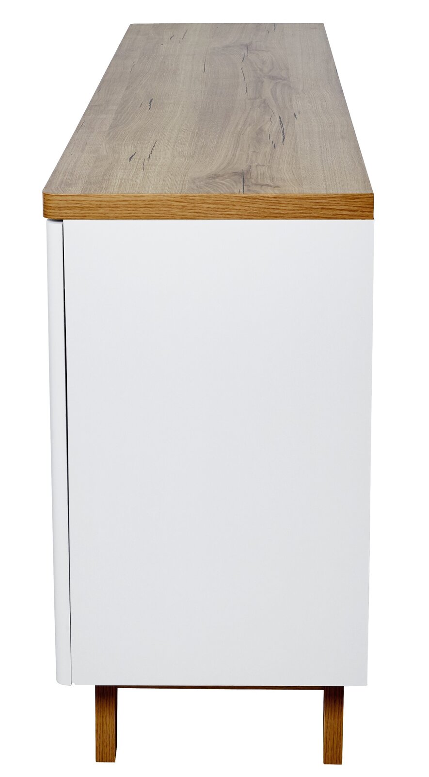 Seitenansicht eines modernen Sideboards mit weißer Oberfläche und Holzdetails.