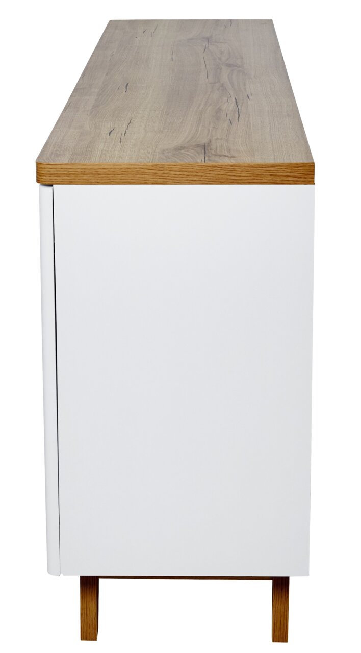 Zijaanzicht van een modern dressoir met een wit oppervlak en houten details.