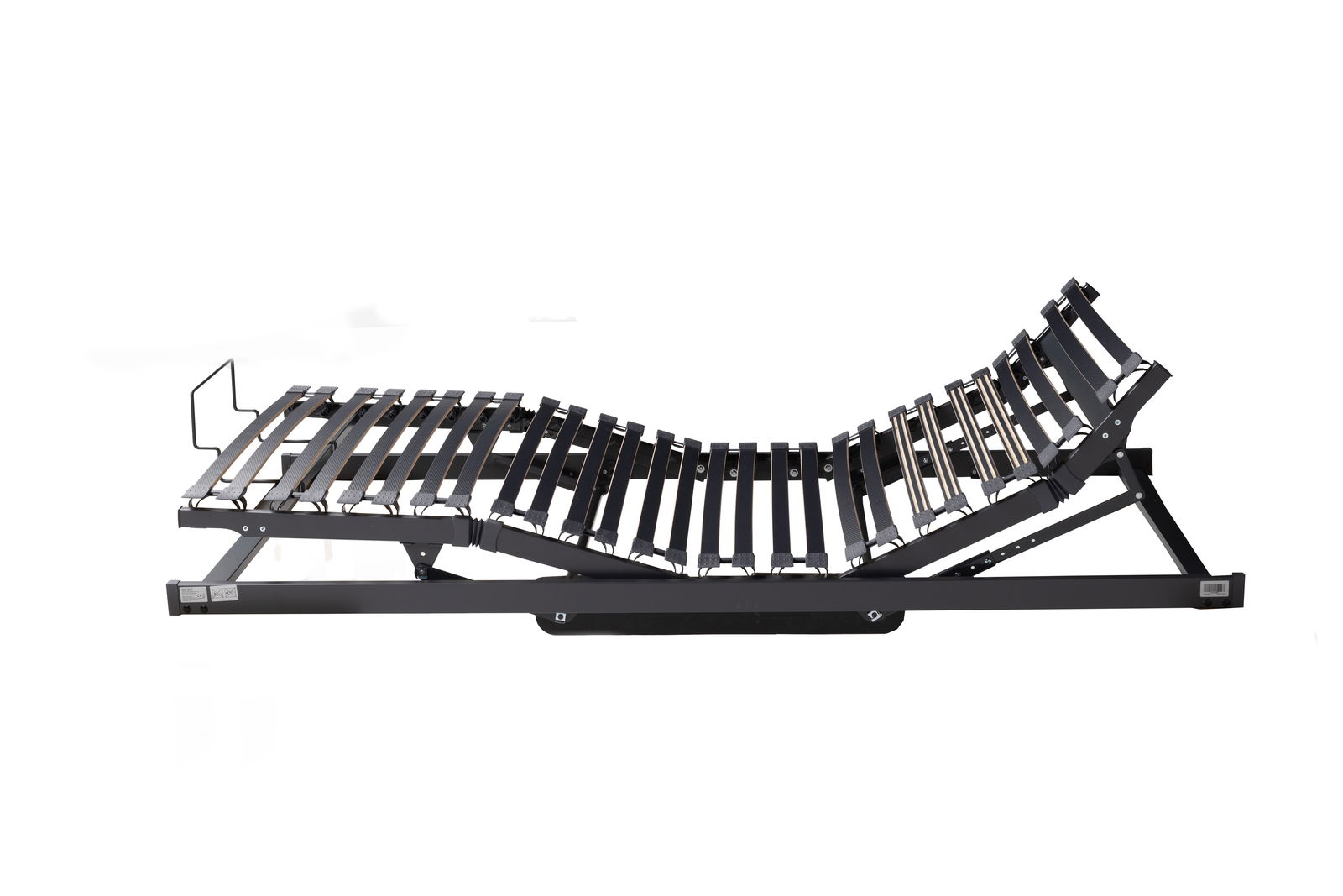 Seitliche Ansicht eines verstellbaren Systemrahmens mit Lattenrost, geeignet für verschiedene Bettgrößen.