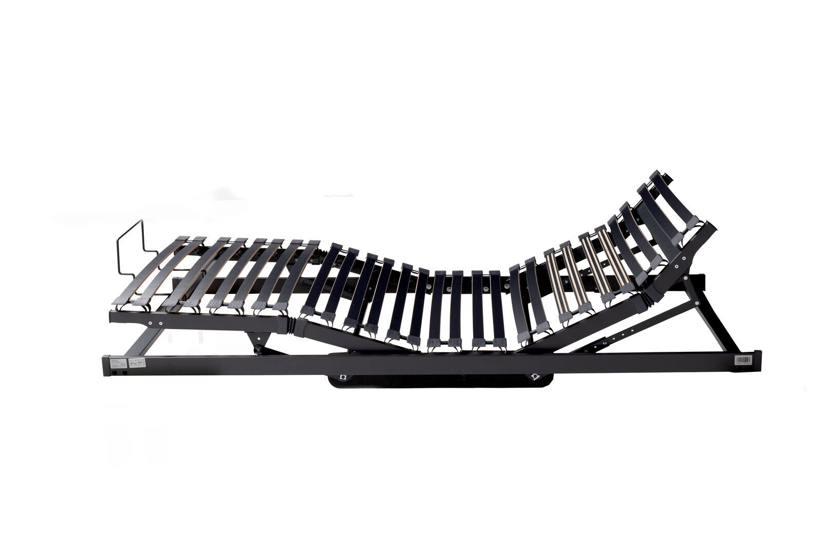 Seitliche Ansicht eines verstellbaren Systemrahmens mit Lattenrost, geeignet für verschiedene Bettgrößen.