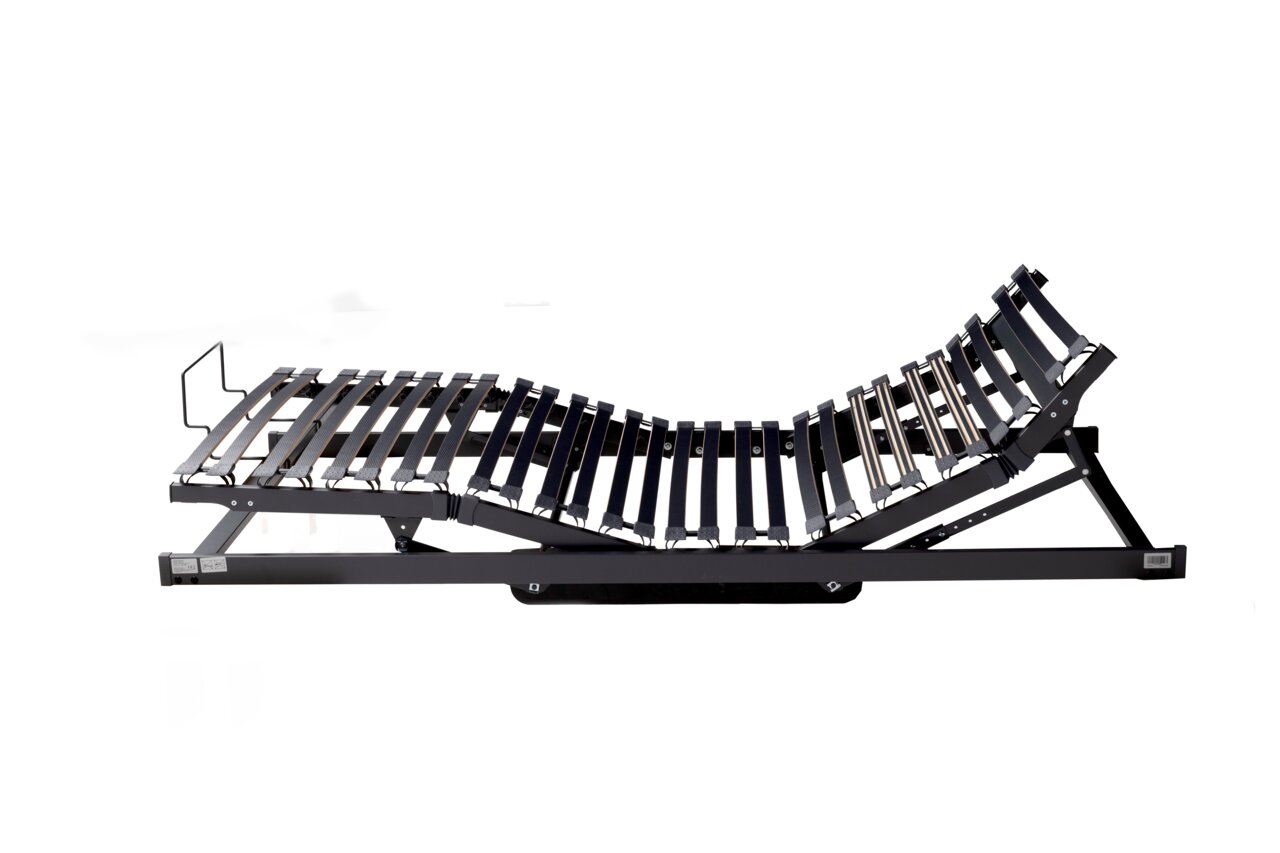 Seitliche Ansicht eines verstellbaren Systemrahmens mit Lattenrost, geeignet für verschiedene Bettgrößen.