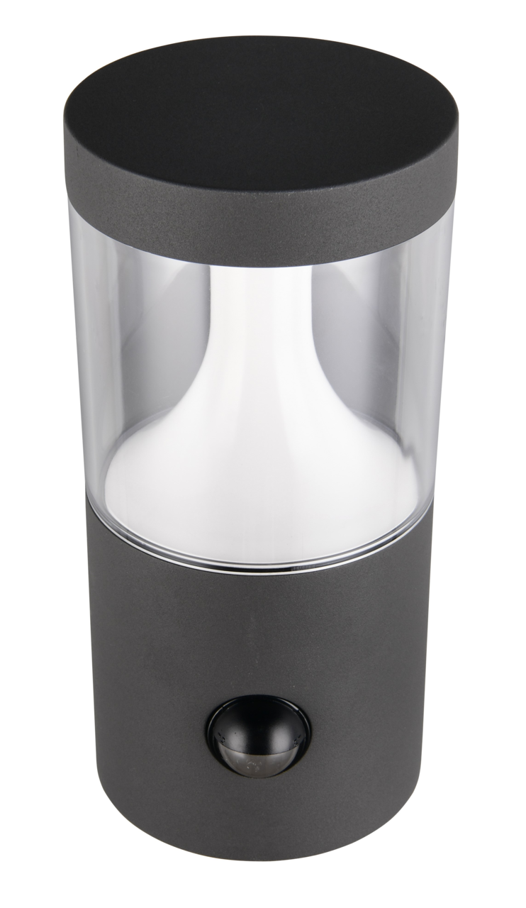 Moderne LED-Außenwandleuchte in zylindrischer Form, seitliche Perspektive