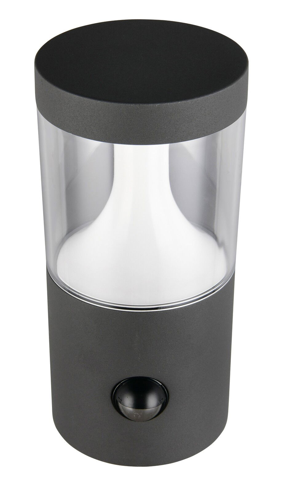 Moderne LED-Außenwandleuchte in zylindrischer Form, seitliche Perspektive