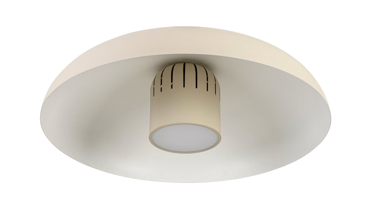 Moderne LED-Deckenleuchte in Weiß, von unten betrachtet, mit zylindrischem Mittelteil und breitem, flachem Schirm.