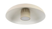 Moderne LED-Deckenleuchte in Weiß, von unten betrachtet, mit zylindrischem Mittelteil und breitem, flachem Schirm.