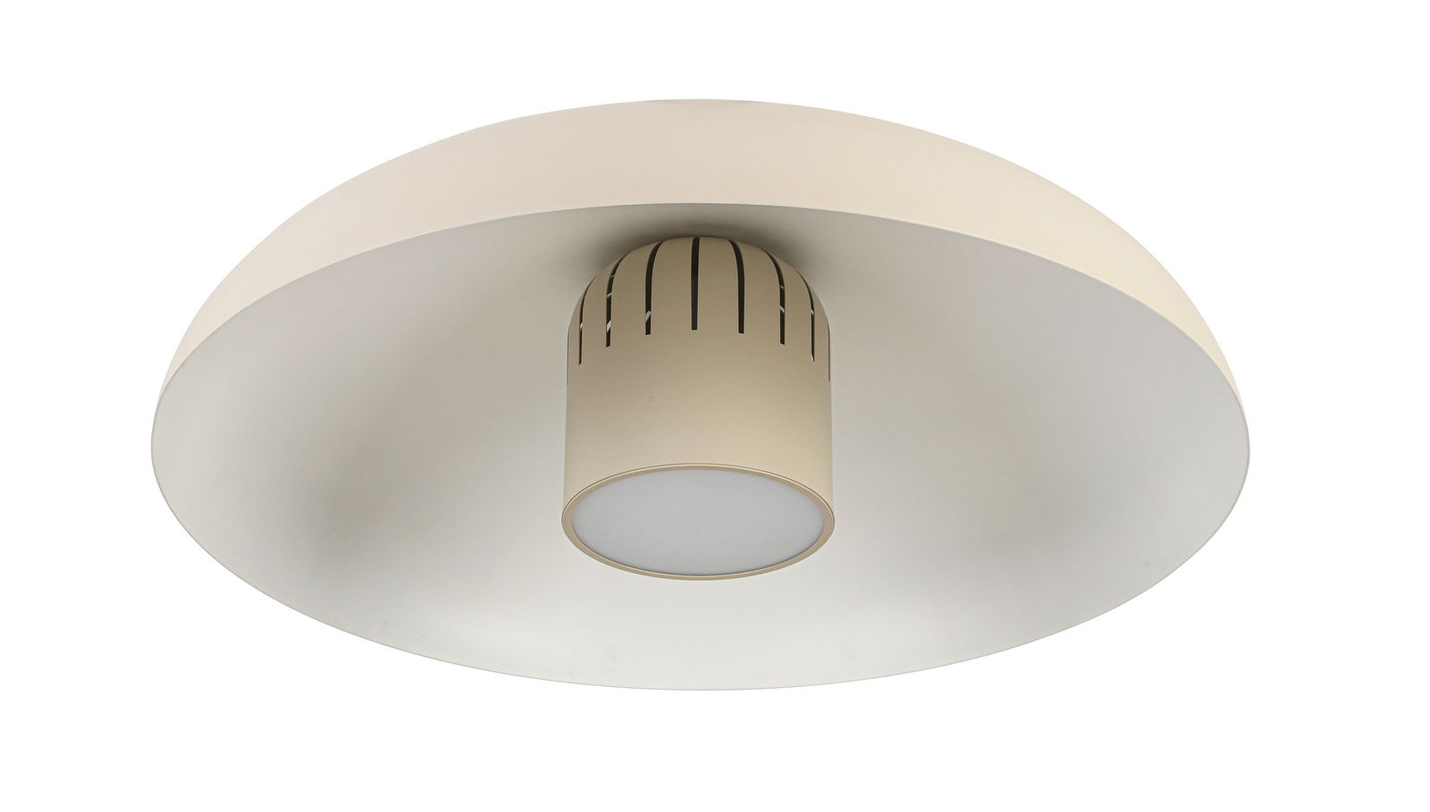 Moderne LED-Deckenleuchte in Weiß, von unten betrachtet, mit zylindrischem Mittelteil und breitem, flachem Schirm.