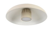 Moderne LED-Deckenleuchte in Weiß, von unten betrachtet, mit zylindrischem Mittelteil und breitem, flachem Schirm.
