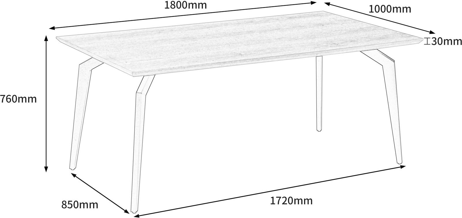 Moderner Esstisch mit rechteckiger Tischplatte, seitliche Perspektive, Maße: 1800mm x 1000mm x 760mm.