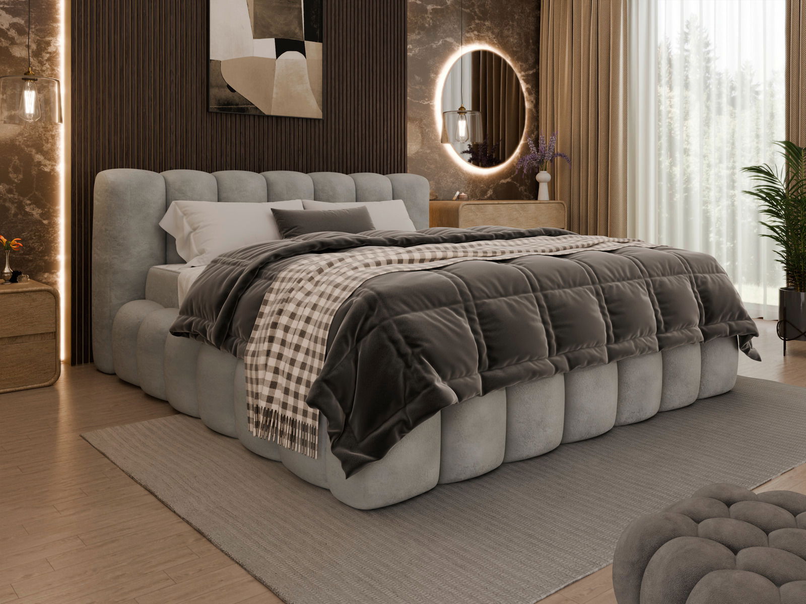 Polsterbettgestell in einem modernen Schlafzimmer, seitliche Perspektive, mit grauem, gestepptem Design und gemütlicher Bettwäsche.