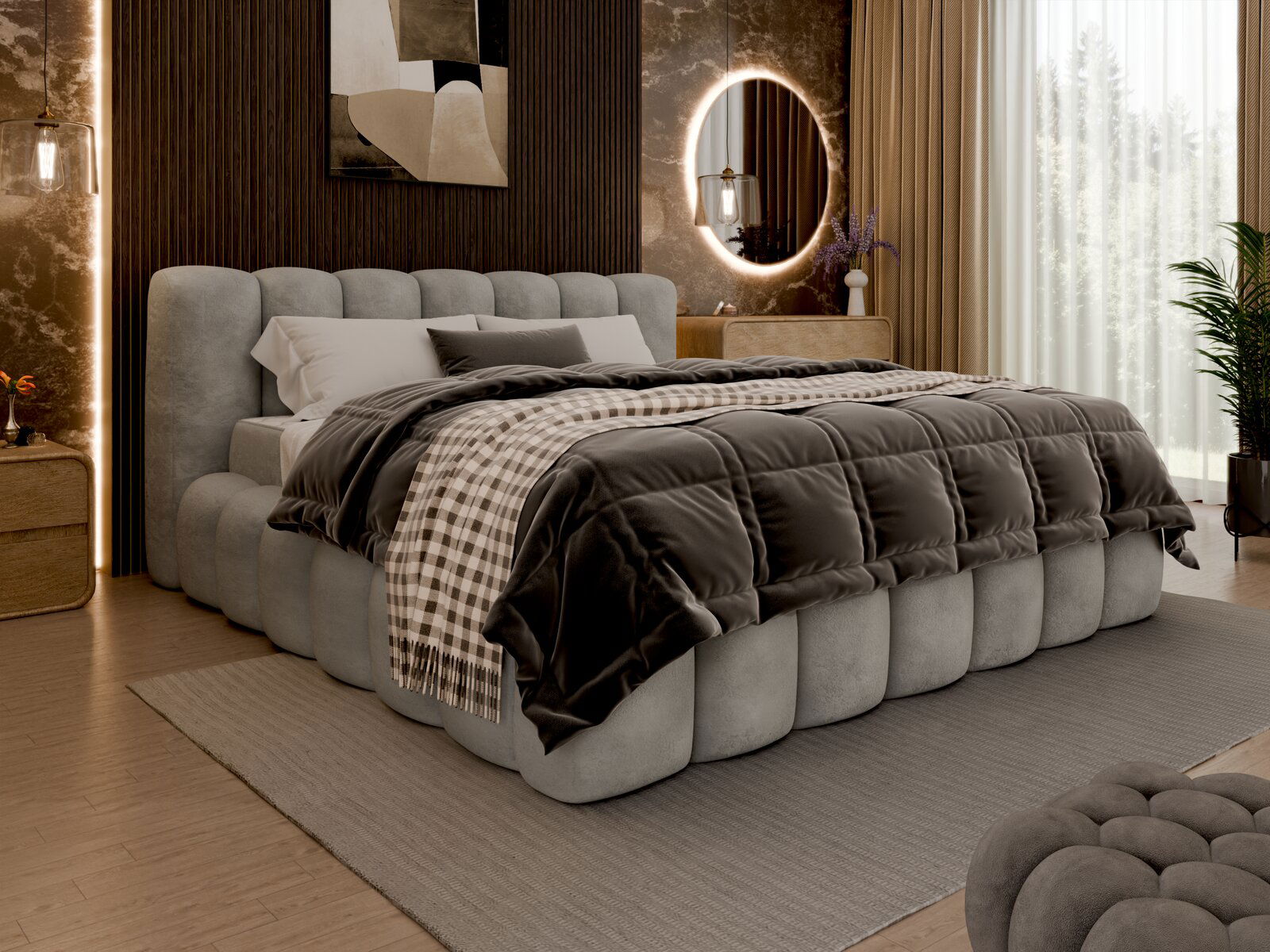 Polsterbettgestell in einem modernen Schlafzimmer, seitliche Perspektive, mit grauem, gestepptem Design und gemütlicher Bettwäsche.