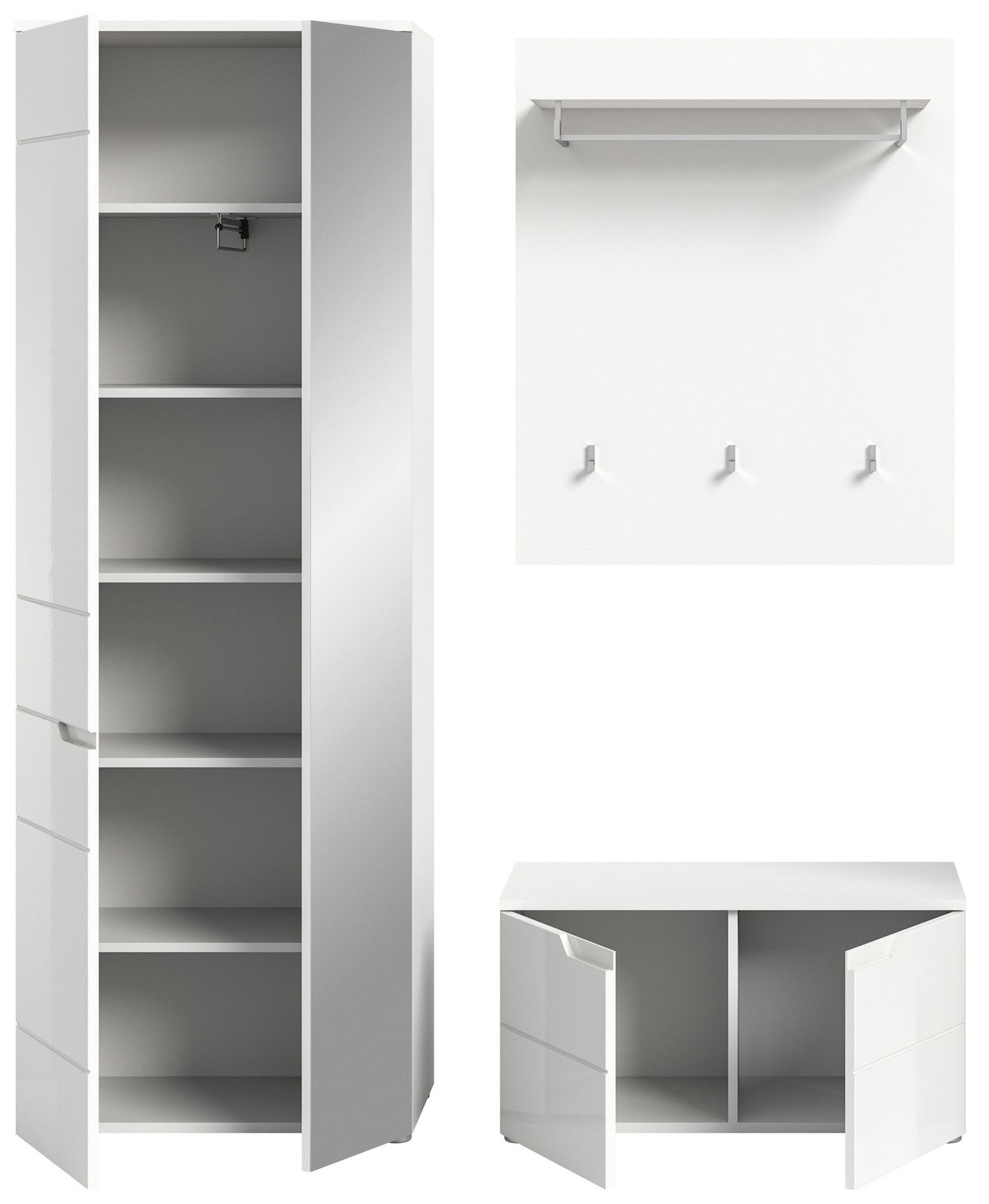 MID.YOU Garderobenkombination HILTON Garderobenkombination bestehend aus einem hohen Schrank mit offenen Türen, einem Wandpaneel mit Haken und Ablage, sowie einer niedrigen Bank mit offenen Türen, frontal betrachtet.