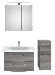 Badezimmermöbel-Set bestehend aus einem Spiegelschrank, einem Waschbeckenunterschrank mit Waschbecken und einem hohen Schrank, frontal abgebildet.
