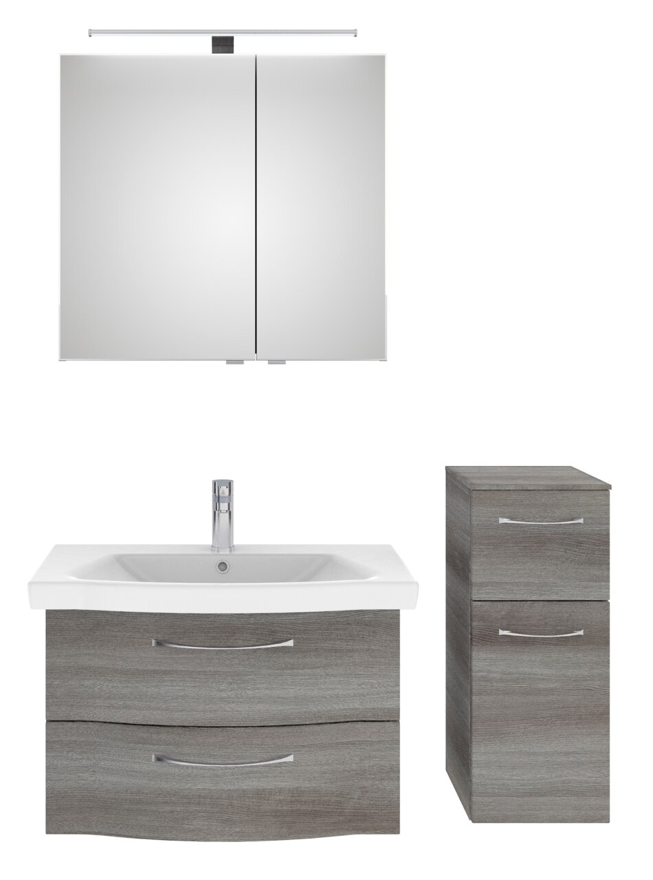 Badezimmermöbel-Set bestehend aus einem Spiegelschrank, einem Waschbeckenunterschrank mit Waschbecken und einem hohen Schrank, frontal abgebildet.