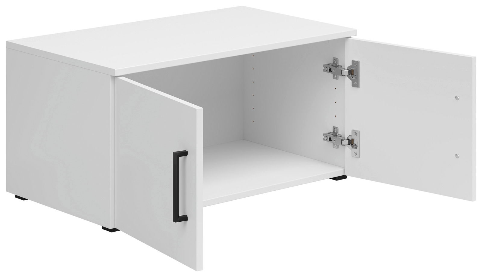 Weißer Aufsatzschrank mit zwei geöffneten Türen, schwarze Griffe, Perspektive von vorne rechts