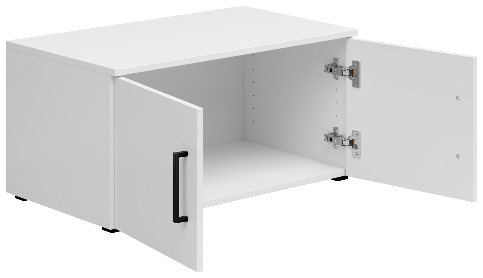 Weißer Aufsatzschrank mit zwei geöffneten Türen, schwarze Griffe, Perspektive von vorne rechts