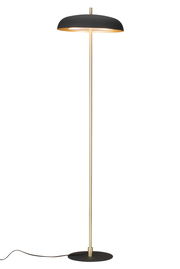 Moderne Stehleuchte mit schwarzem Schirm und goldfarbenem Ständer, seitliche Perspektive