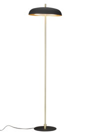Moderne Stehleuchte mit schwarzem Schirm und goldfarbenem Ständer, seitliche Perspektive