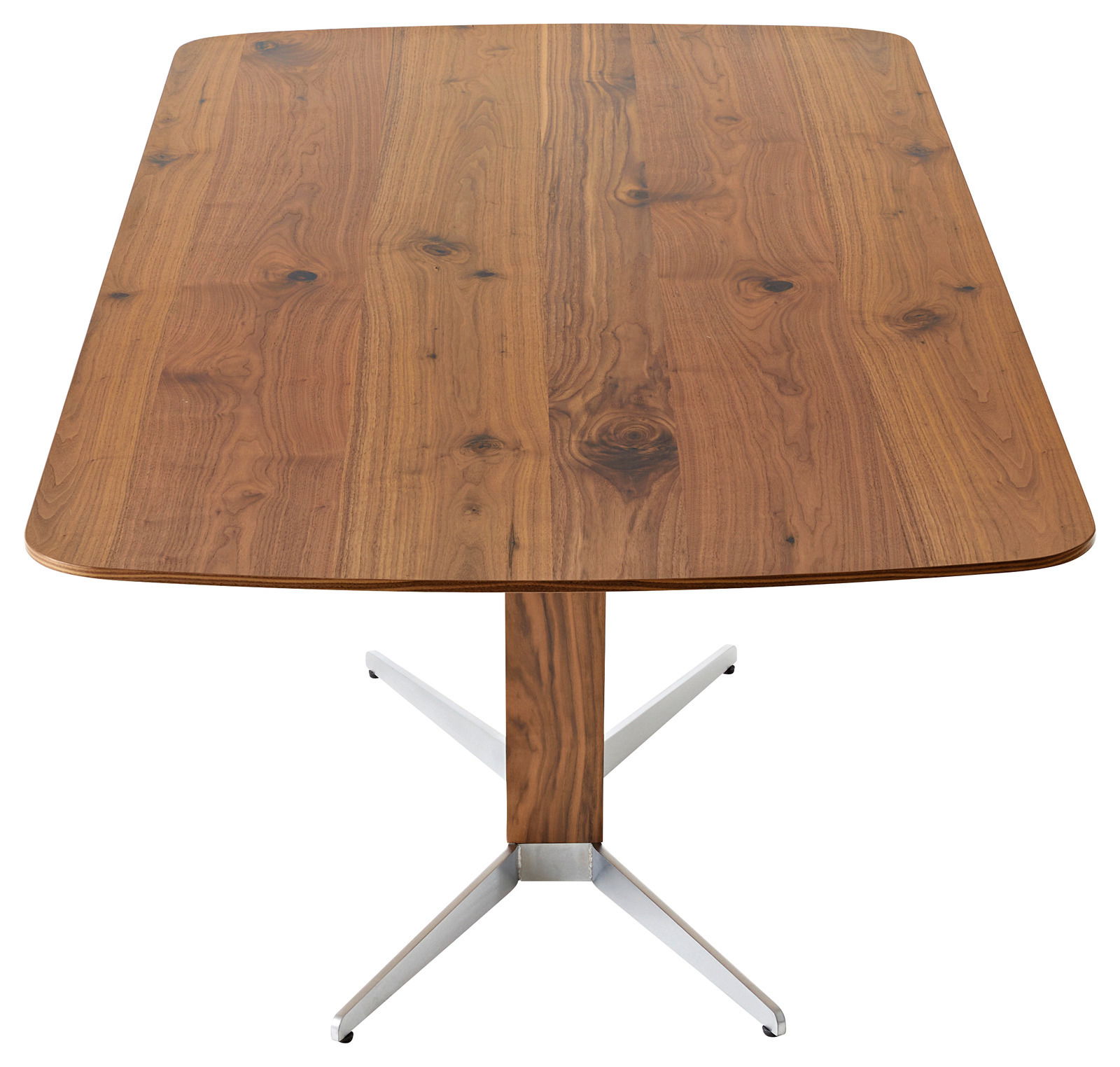 Rechteckiger Esstisch aus Holz mit natürlicher Maserung, Ansicht von oben, auf einem Metallfuß stehend.