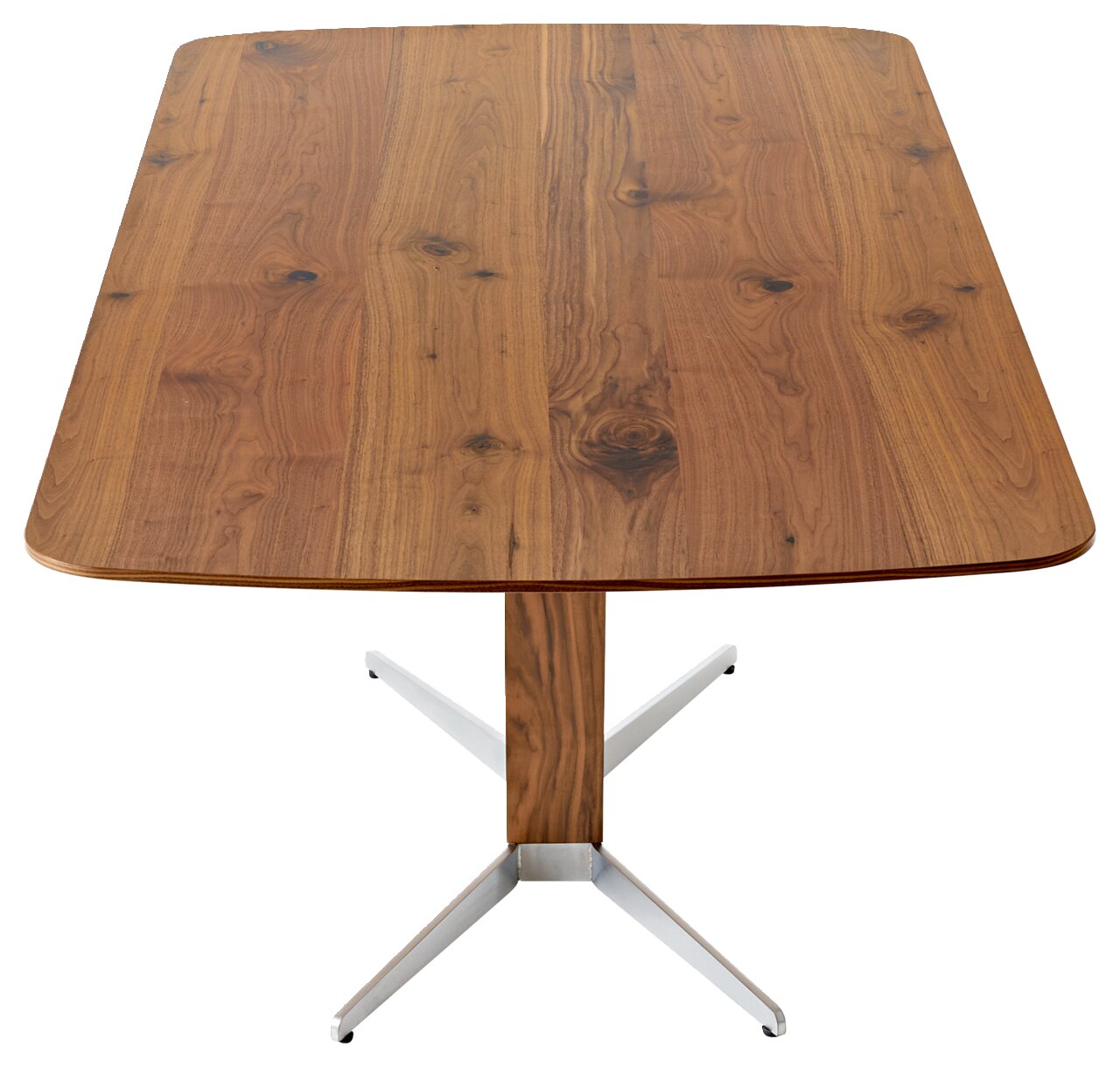 Rechteckiger Esstisch aus Holz mit natürlicher Maserung, Ansicht von oben, auf einem Metallfuß stehend.