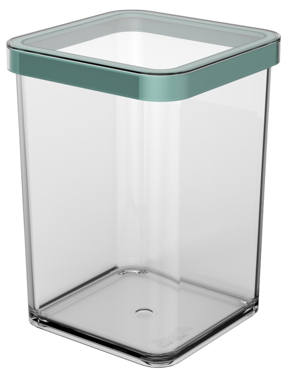 Quadratische Premium-Dose 1 l LOFT mit transparentem Körper und grünem Deckel, seitliche Perspektive