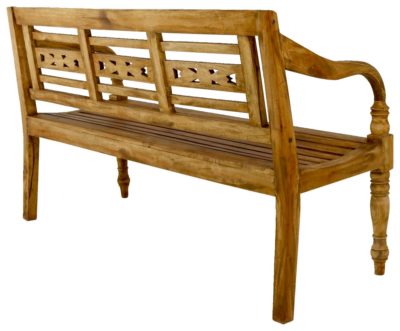 Holzgartenbank mit dekorativer Rückenlehne, seitliche Perspektive