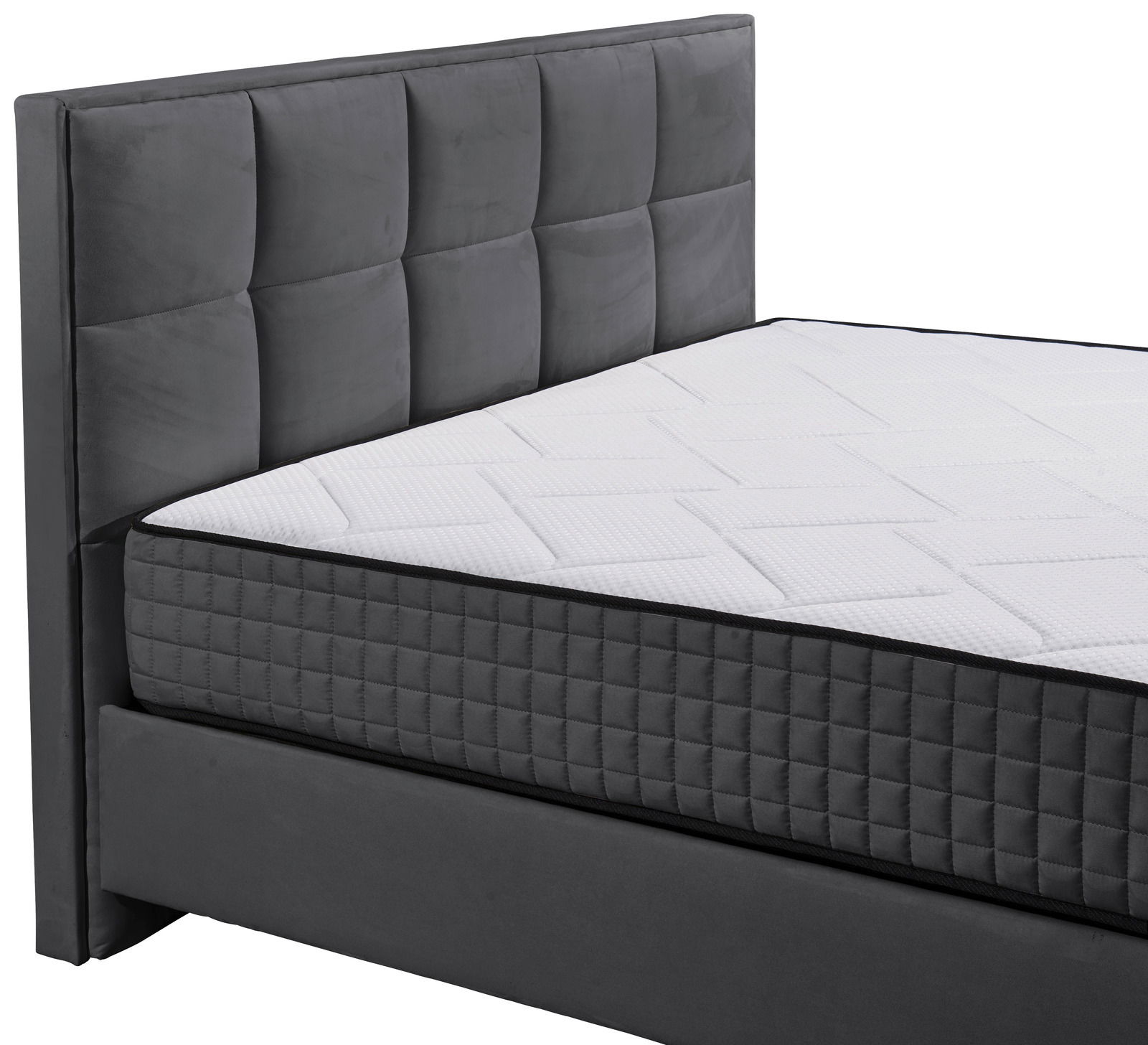 Graues Boxbett mit gestepptem Kopfteil und weißer Matratze, seitliche Perspektive