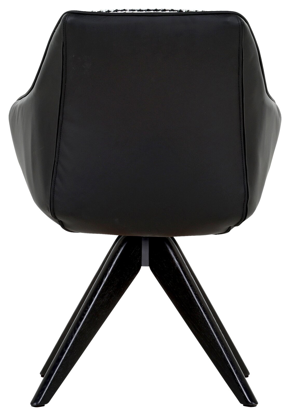 Rückansicht eines schwarzen Armlehnstuhls mit vier Holzbeinen