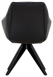 Rückansicht eines schwarzen Armlehnstuhls mit vier Holzbeinen