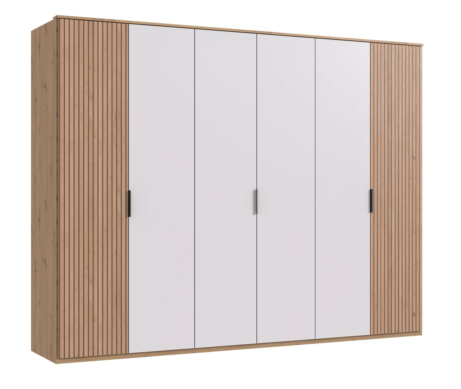 Sechs-türiger Drehtürenschrank mit weißen Fronten und Holzseiten, Frontalansicht